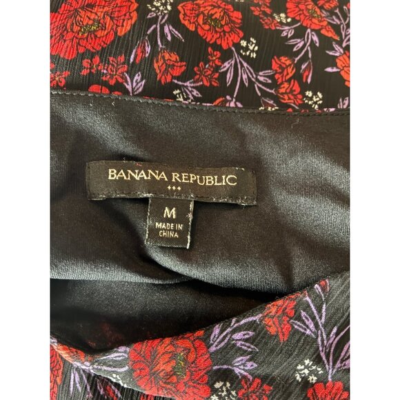 Banana Republic Womens Size M Black Red Floral V Neck Ruffle Sleeve Sheer Blouse - Picture 5 of 6